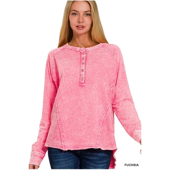 Vintage Wash Half Button Cotton Long Sleeve Top - Picture 2 of 2